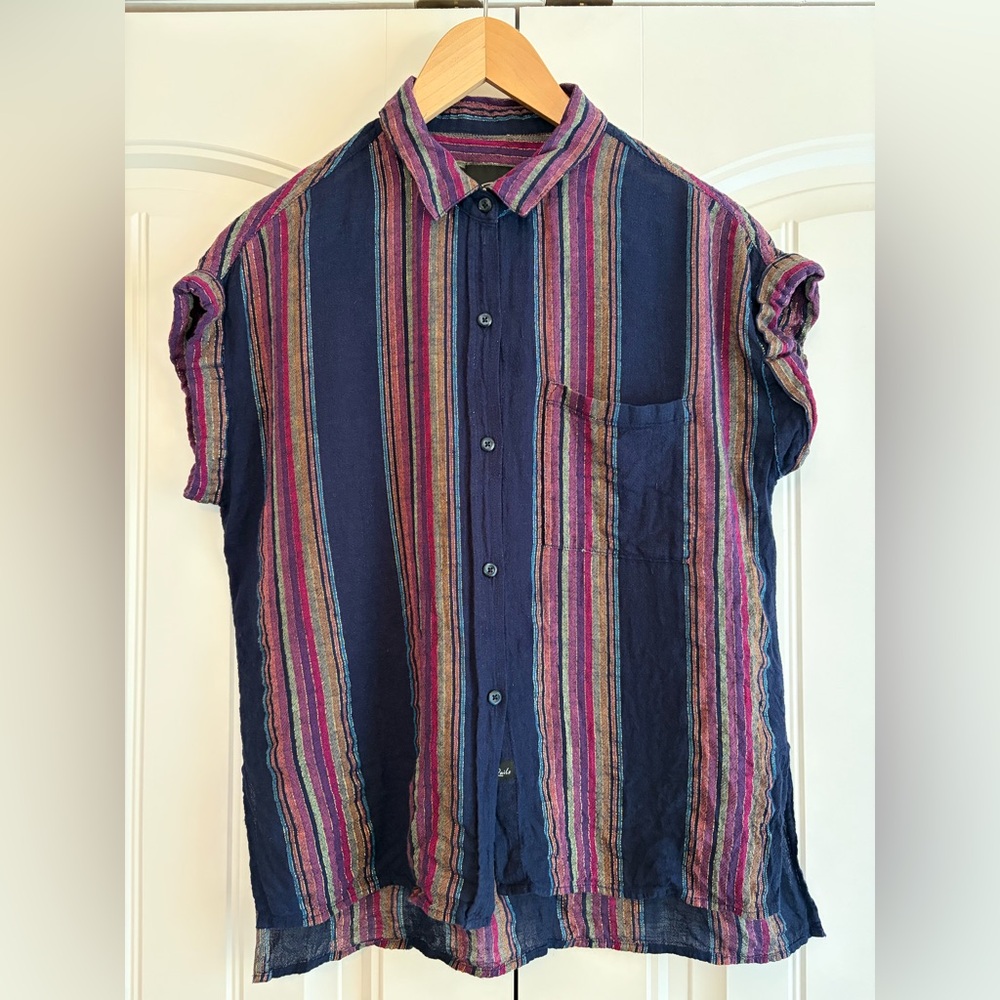 Rails Whitney Trinidad Stripe Button Front Cuffed Short Sleeve Top Women's Sz S
